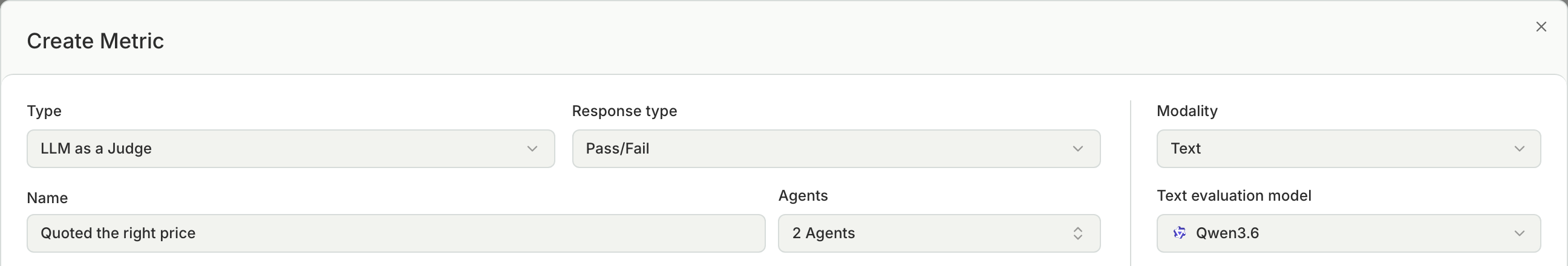 The Create Metric dialog with a Pass/Fail metric and two agents selected in the Agents field