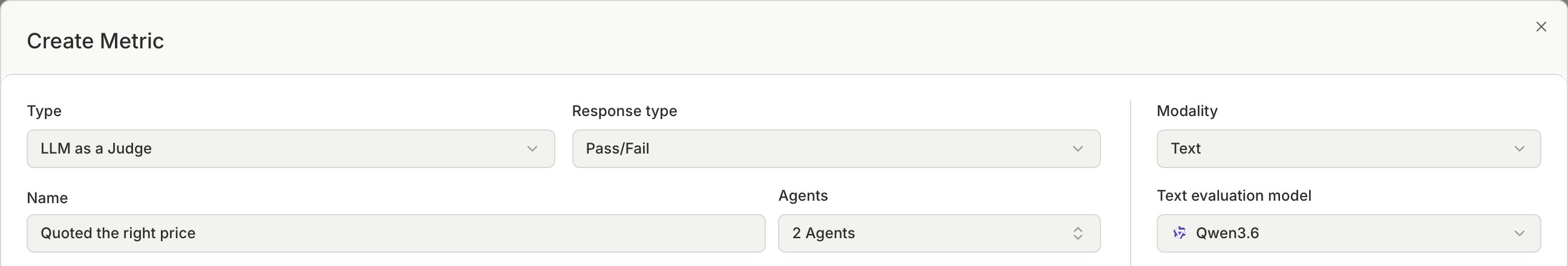 The Create Metric dialog with a Pass/Fail metric and two agents selected in the Agents field