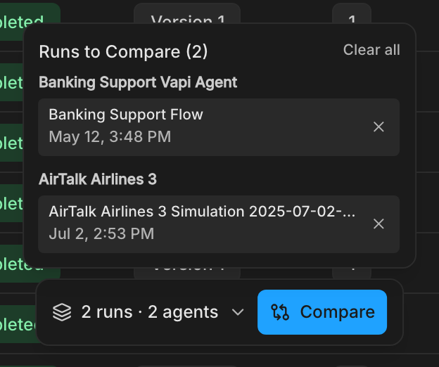 The expanded compare tray with one run from each of two agents and the Compare button