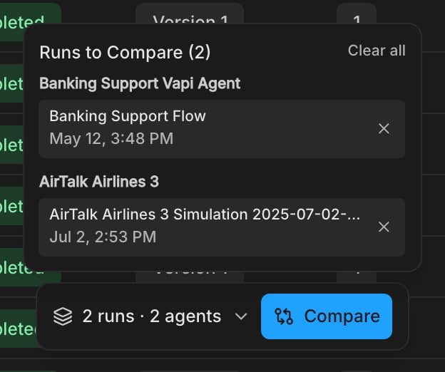 The expanded compare tray with one run from each of two agents and the Compare button