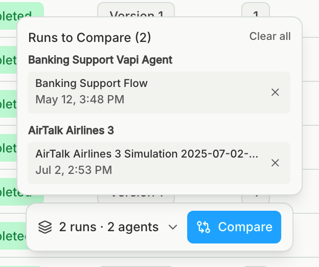 The expanded compare tray with one run from each of two agents and the Compare button
