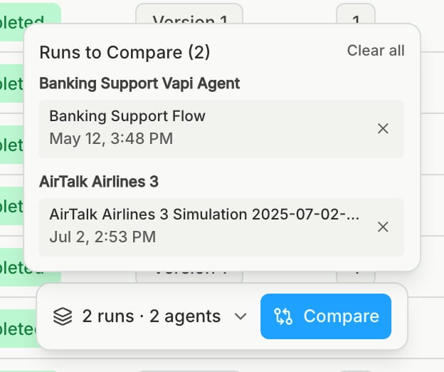 The expanded compare tray with one run from each of two agents and the Compare button