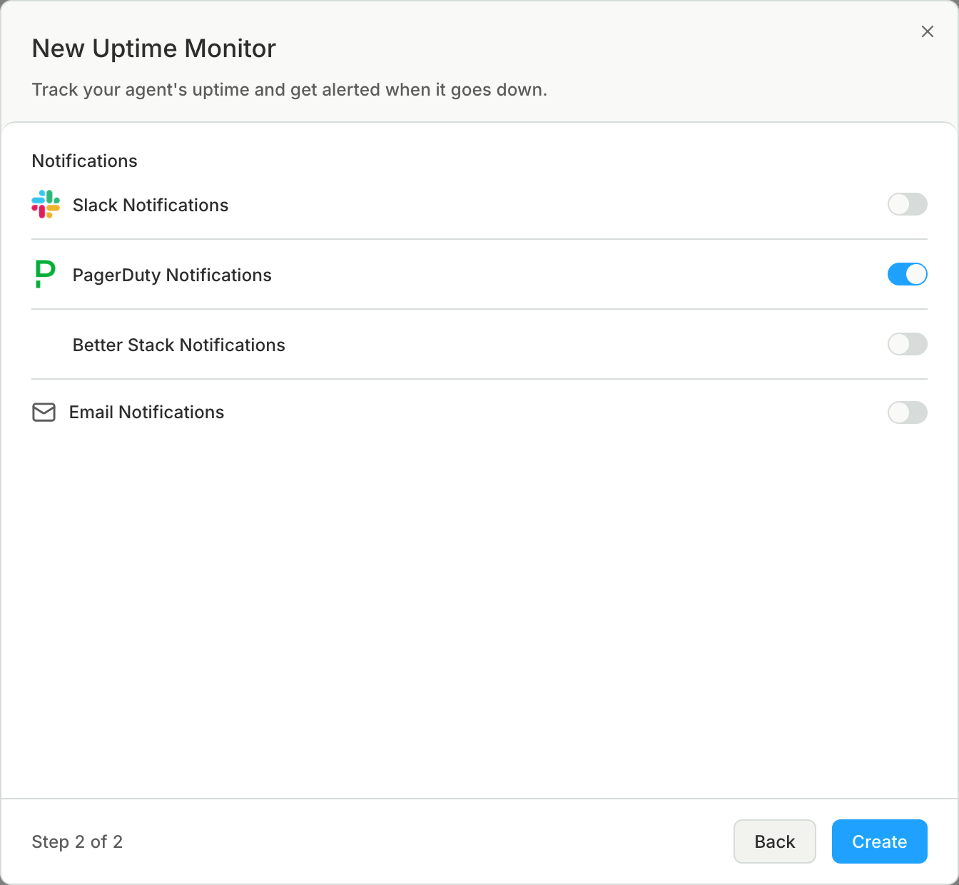 Step 2 of 2 of the New Uptime Monitor dialog with PagerDuty Notifications turned on and Slack, Better Stack, and email off