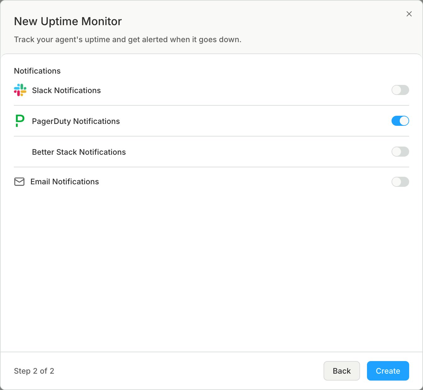 Step 2 of 2 of the New Uptime Monitor dialog with PagerDuty Notifications turned on and Slack, Better Stack, and email off