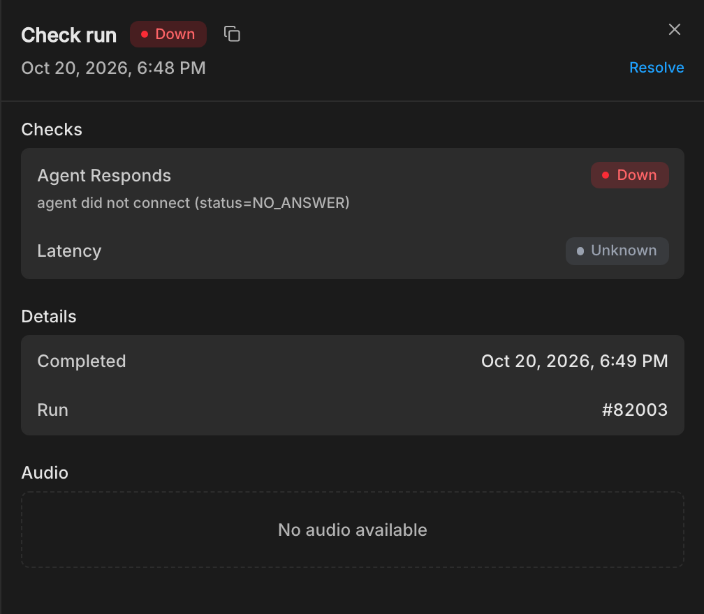 A Down check run with Agent Responds marked Down because the agent did not connect, Latency marked Unknown, and the run's completion time