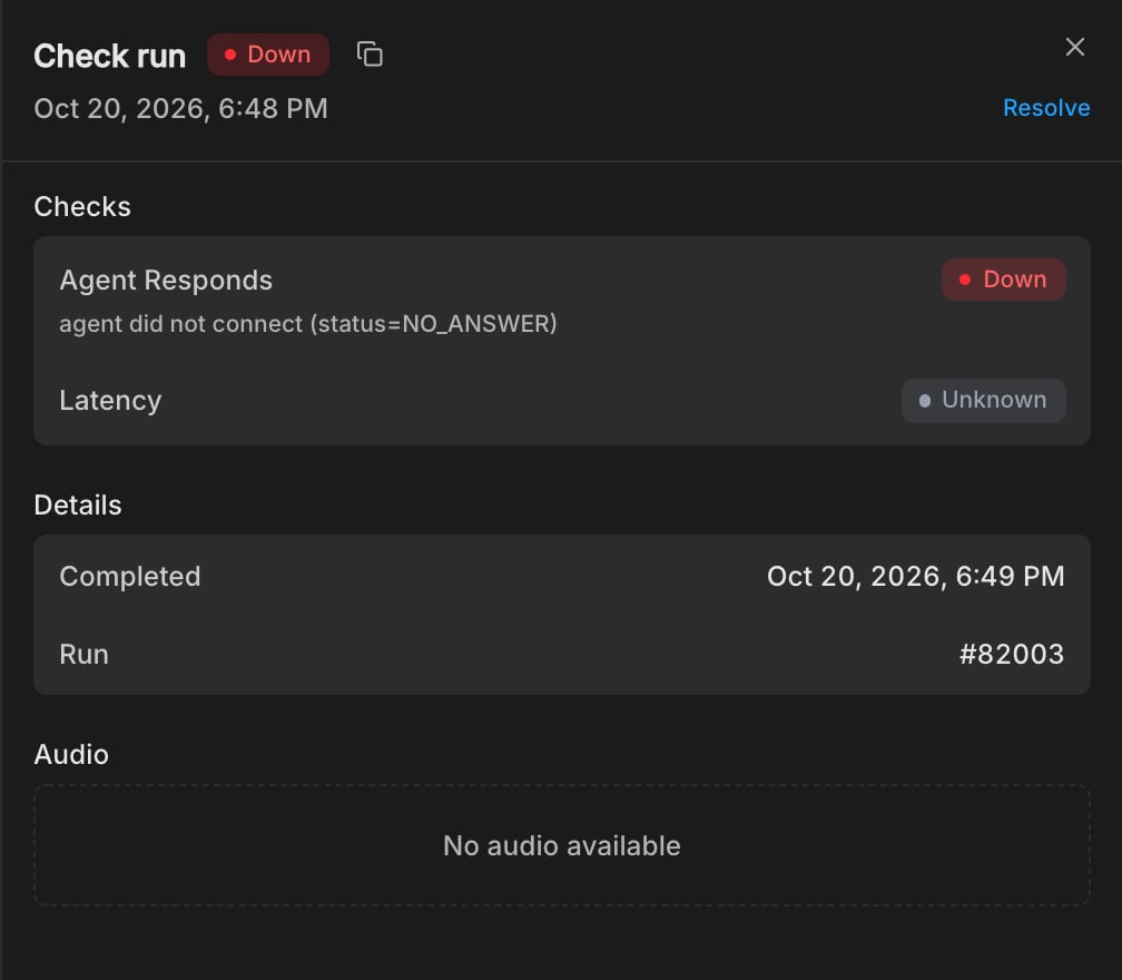 A Down check run with Agent Responds marked Down because the agent did not connect, Latency marked Unknown, and the run's completion time