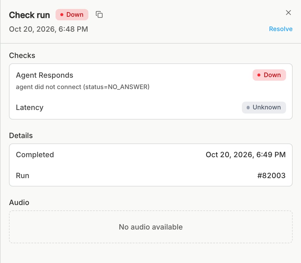 A Down check run with Agent Responds marked Down because the agent did not connect, Latency marked Unknown, and the run's completion time