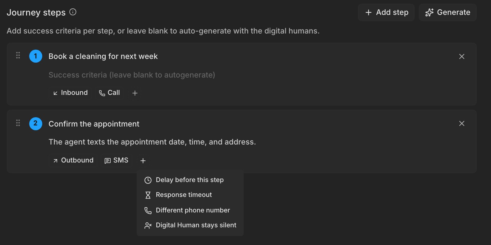 The plus menu on the SMS step open, listing Delay before this step, Response timeout, Different phone number, and Digital Human stays silent