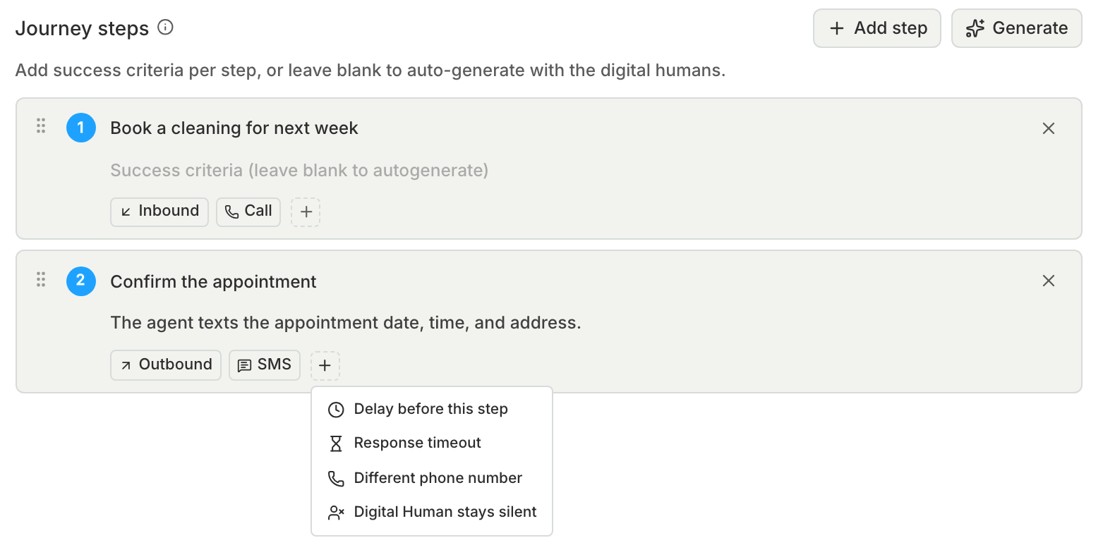 The plus menu on the SMS step open, listing Delay before this step, Response timeout, Different phone number, and Digital Human stays silent