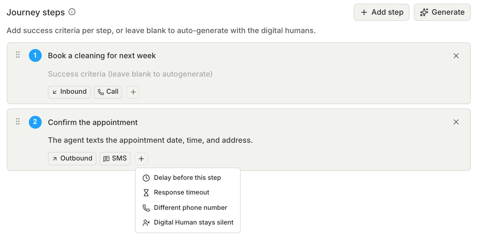 The plus menu on the SMS step open, listing Delay before this step, Response timeout, Different phone number, and Digital Human stays silent