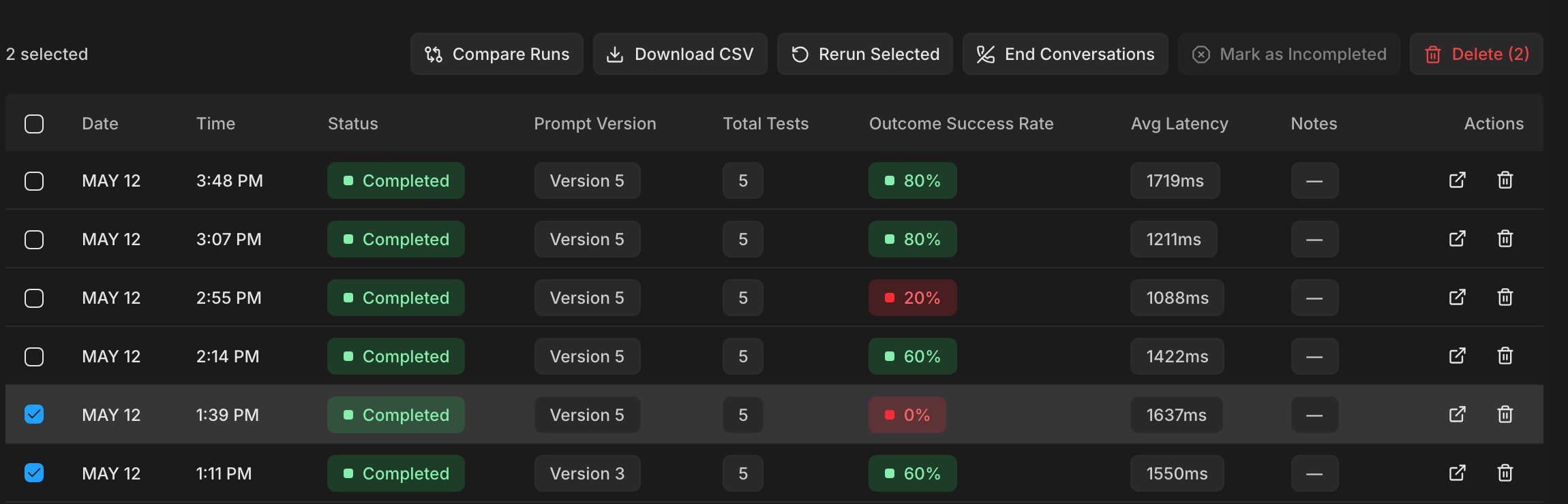 Run History with two runs checked and the Compare Runs button enabled, one run on Version 3 and one on Version 5