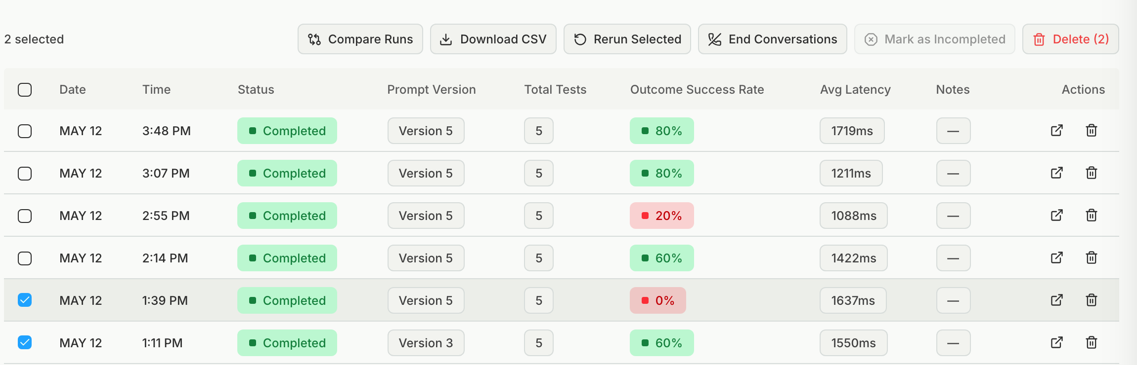 Run History with two runs checked and the Compare Runs button enabled, one run on Version 3 and one on Version 5