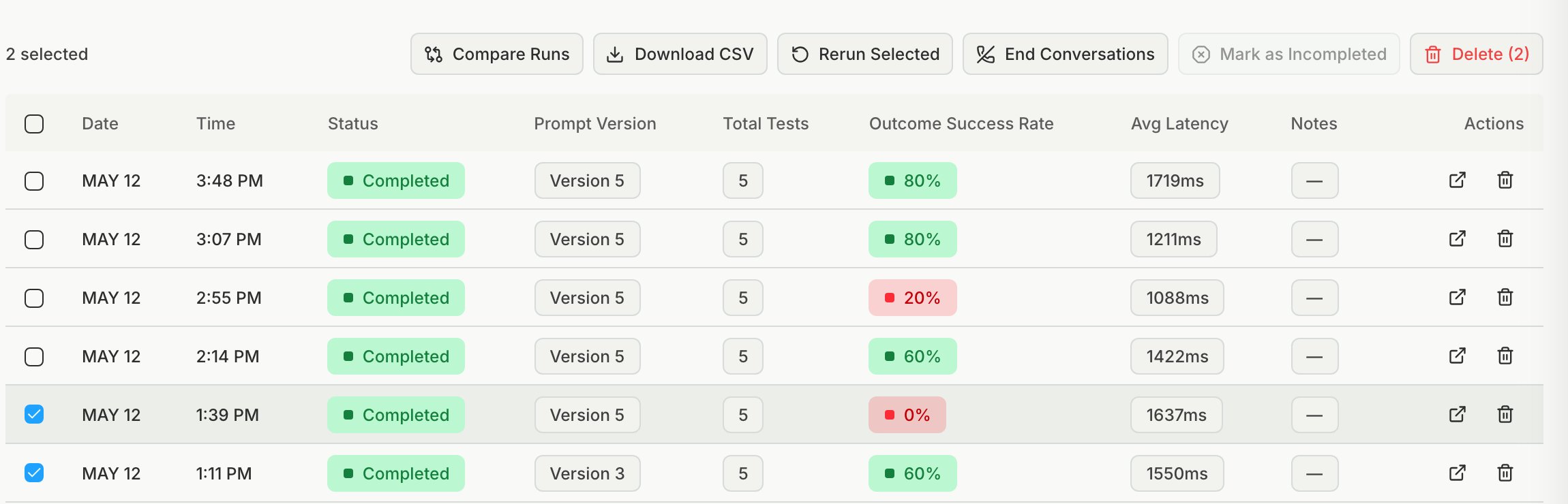 Run History with two runs checked and the Compare Runs button enabled, one run on Version 3 and one on Version 5