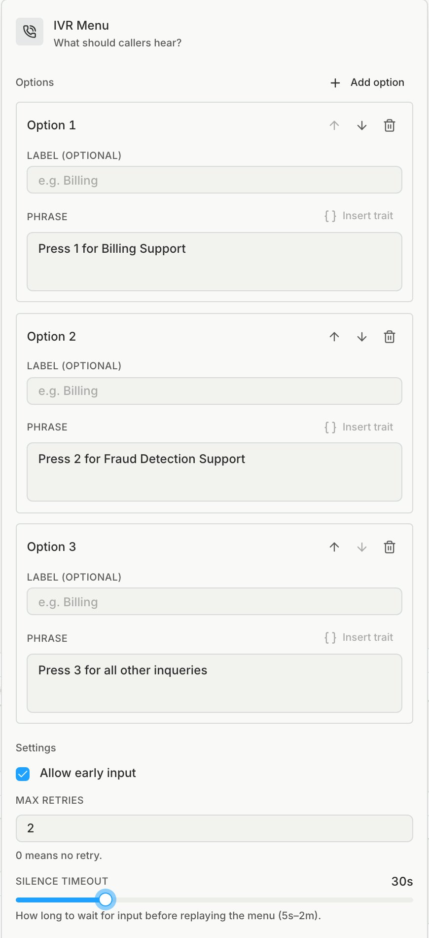 The IVR Menu panel with three options that each have a phrase, Allow early input checked, Max retries set to 2, and the Silence timeout slider