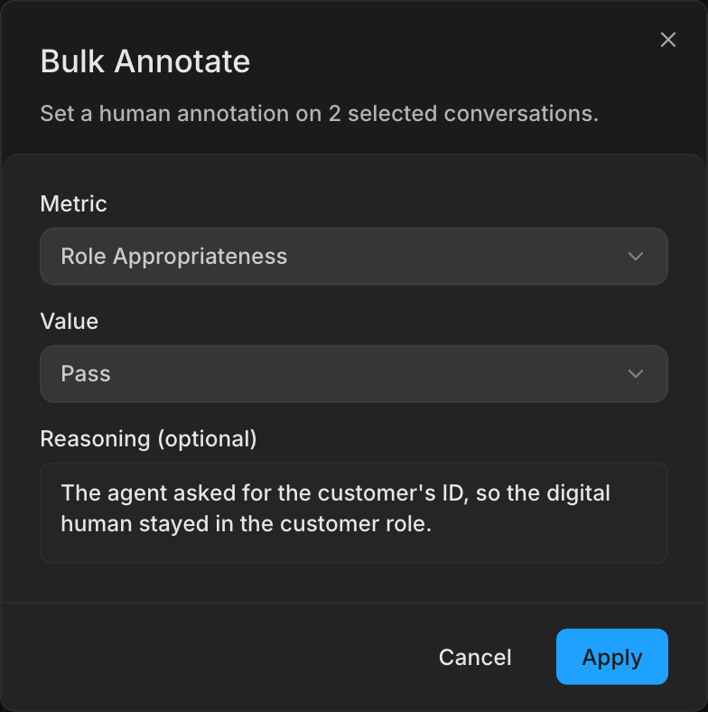 The Bulk Annotate dialog with Role Appropriateness as the metric, Pass as the value, and a reasoning note filled in