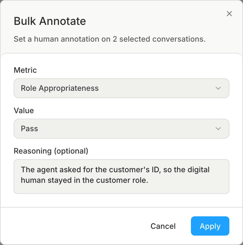 The Bulk Annotate dialog with Role Appropriateness as the metric, Pass as the value, and a reasoning note filled in