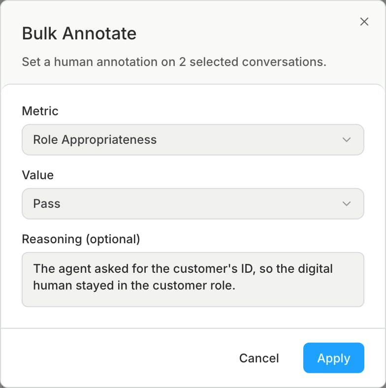The Bulk Annotate dialog with Role Appropriateness as the metric, Pass as the value, and a reasoning note filled in