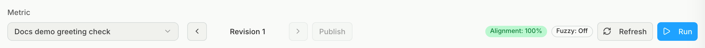 The Optimize tab after publishing, with Revision 1 selected, an Alignment badge of 100%, and the Publish button greyed out