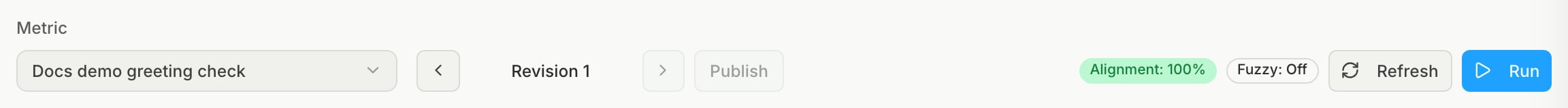 The Optimize tab after publishing, with Revision 1 selected, an Alignment badge of 100%, and the Publish button greyed out