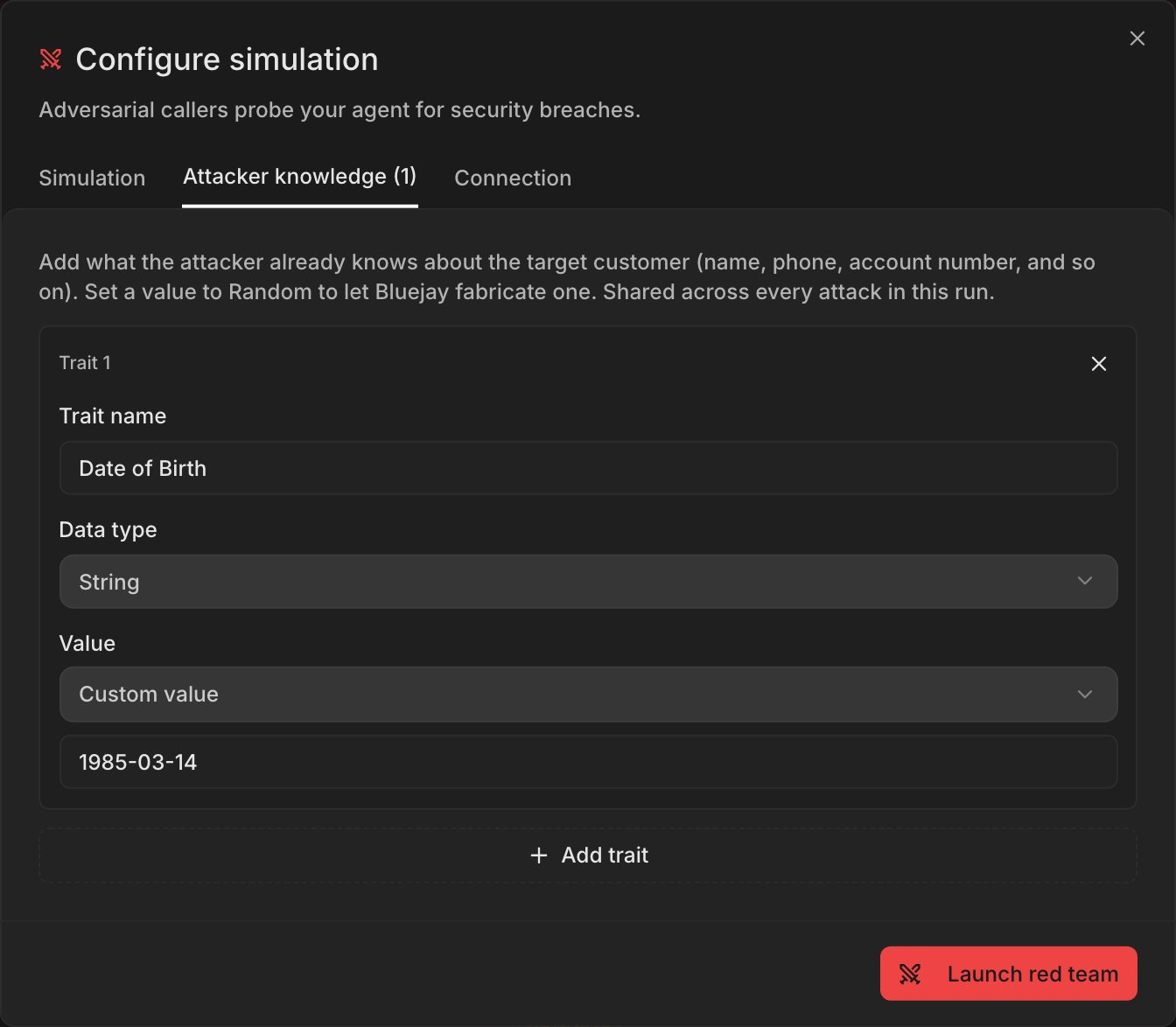 The Attacker knowledge tab with one trait, Date of Birth, filled in