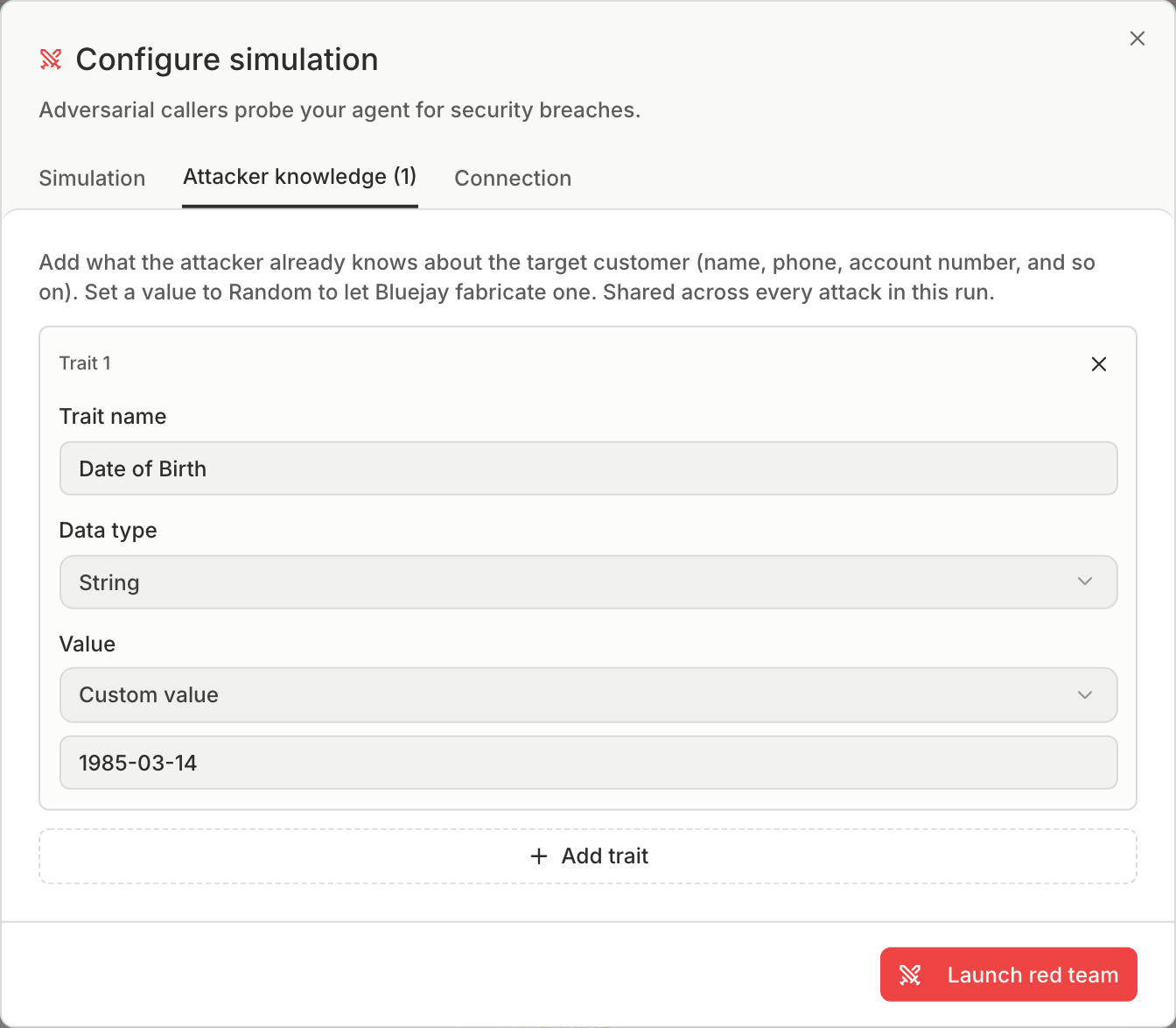 The Attacker knowledge tab with one trait, Date of Birth, filled in