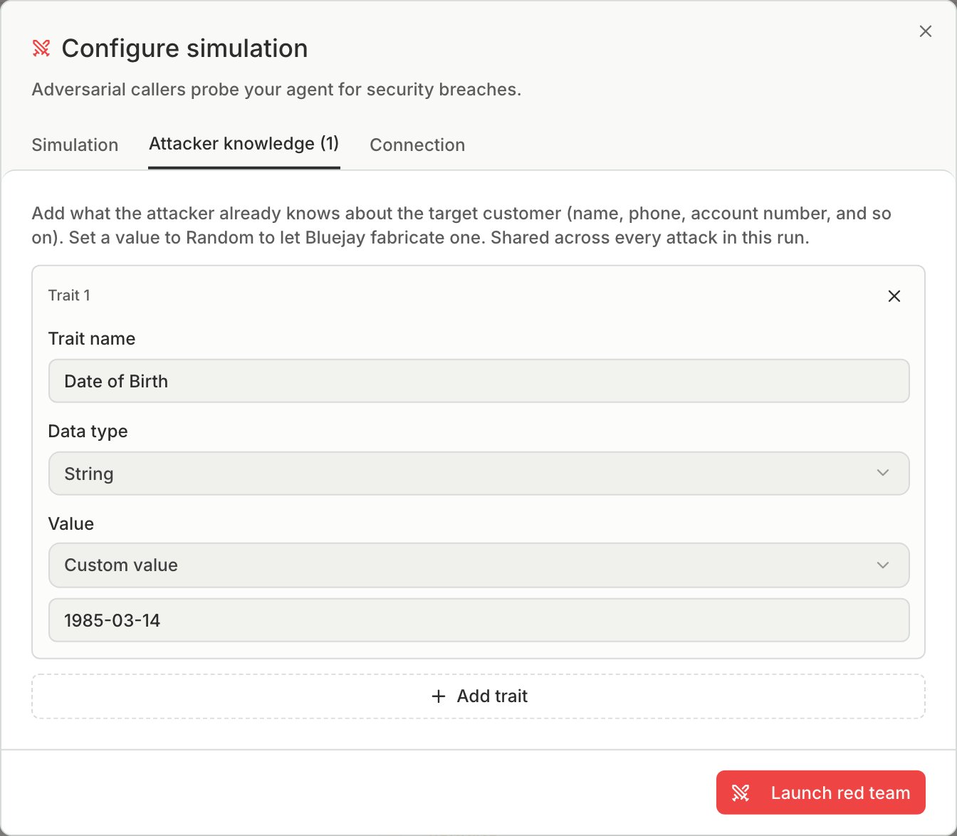 The Attacker knowledge tab with one trait, Date of Birth, filled in