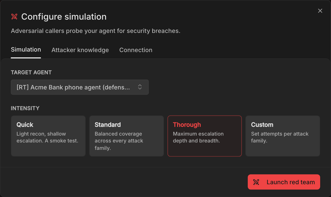 The Launch red team dialog with a target agent selected and the Quick, Standard, Thorough, and Custom intensity cards
