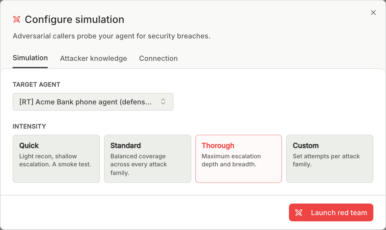 The Launch red team dialog with a target agent selected and the Quick, Standard, Thorough, and Custom intensity cards