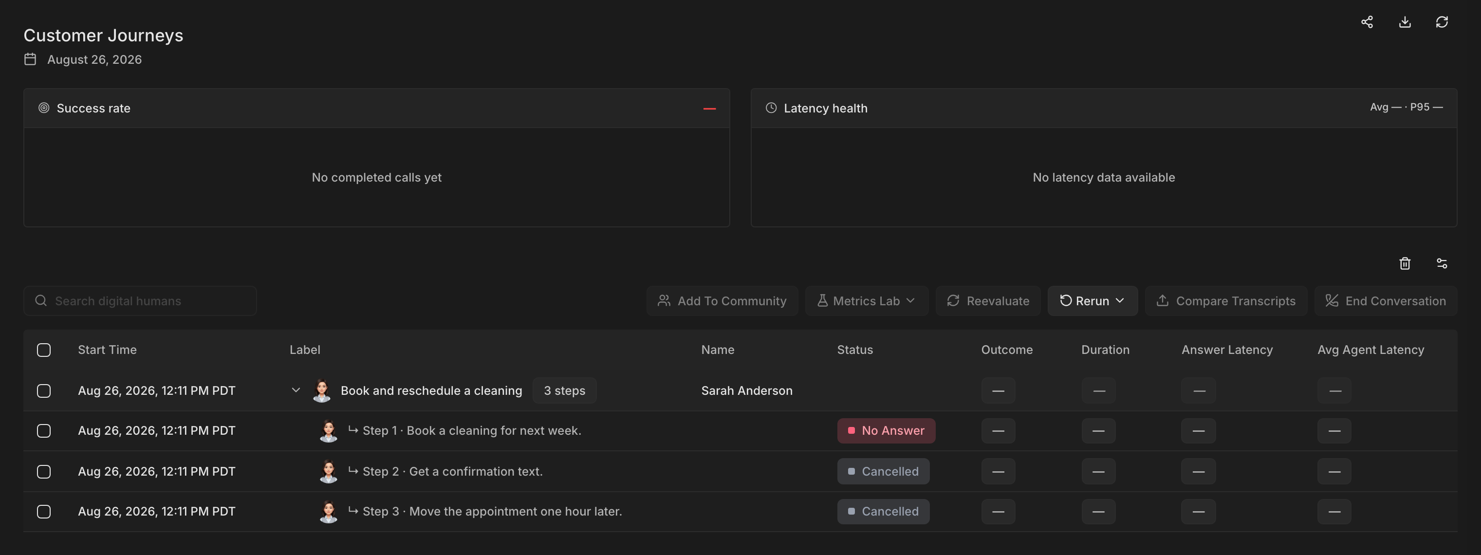 A journey row on the run page that expands into one row per step, each with its own status