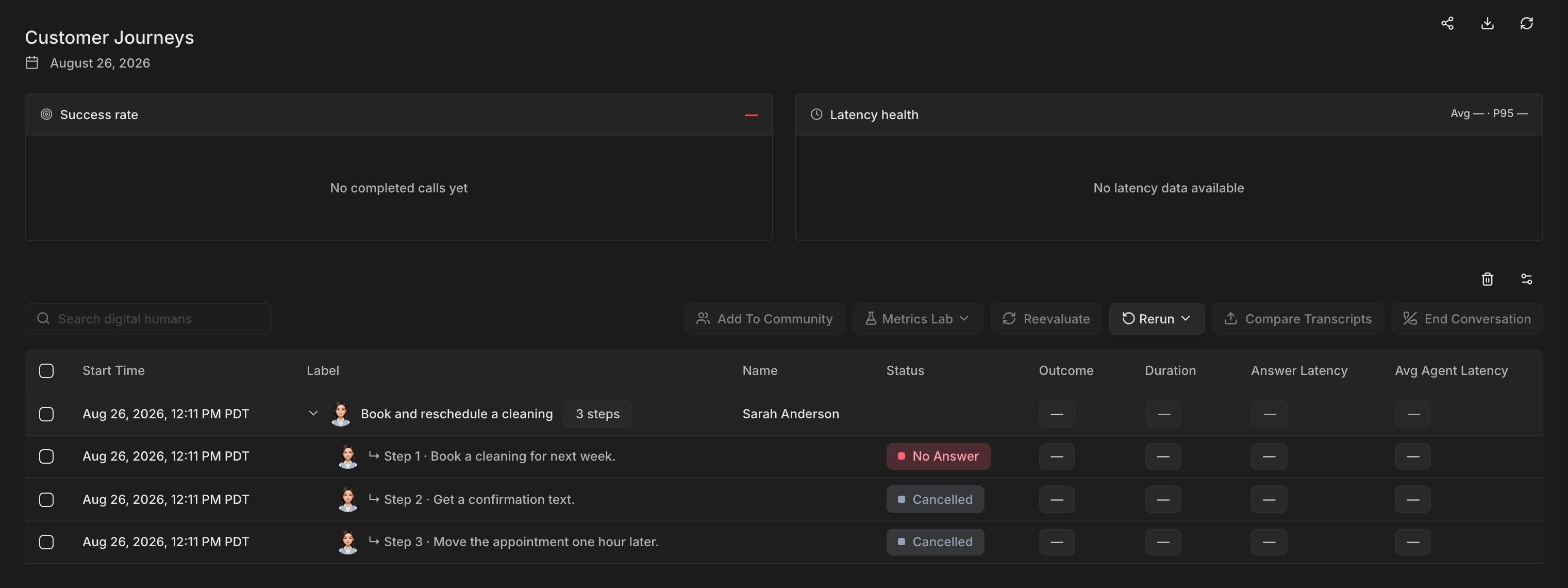 A journey row on the run page that expands into one row per step, each with its own status