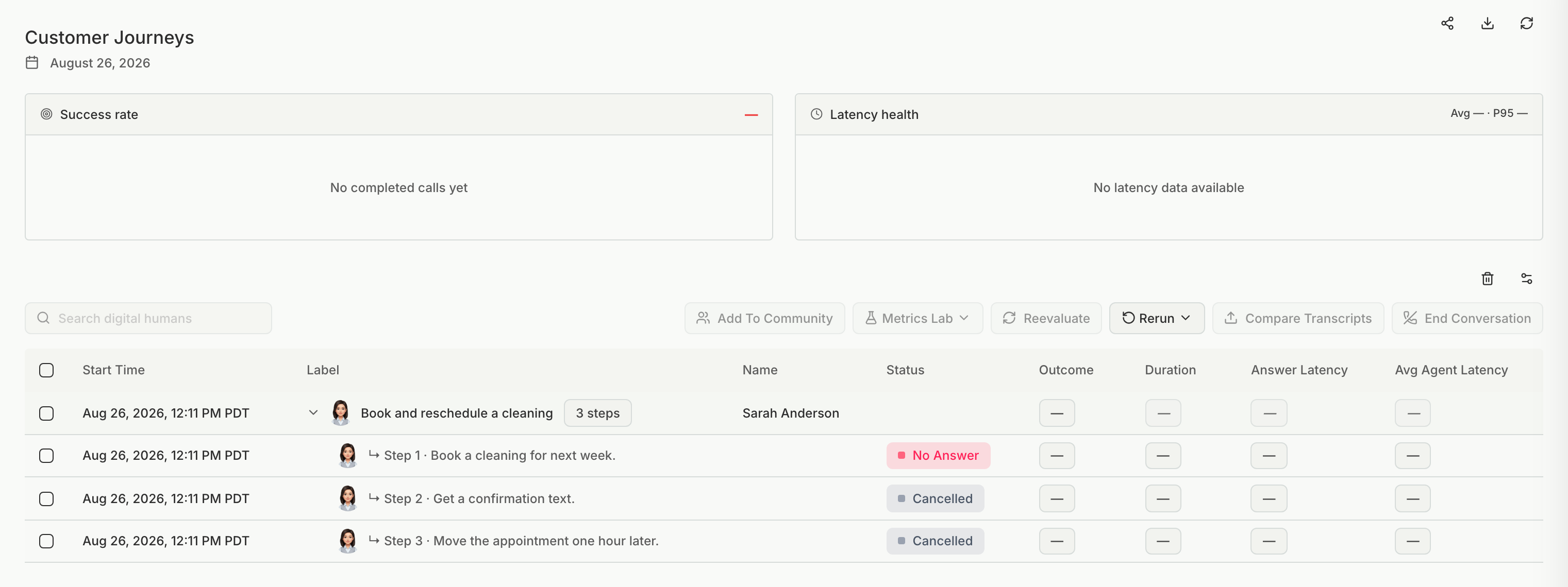 A journey row on the run page that expands into one row per step, each with its own status