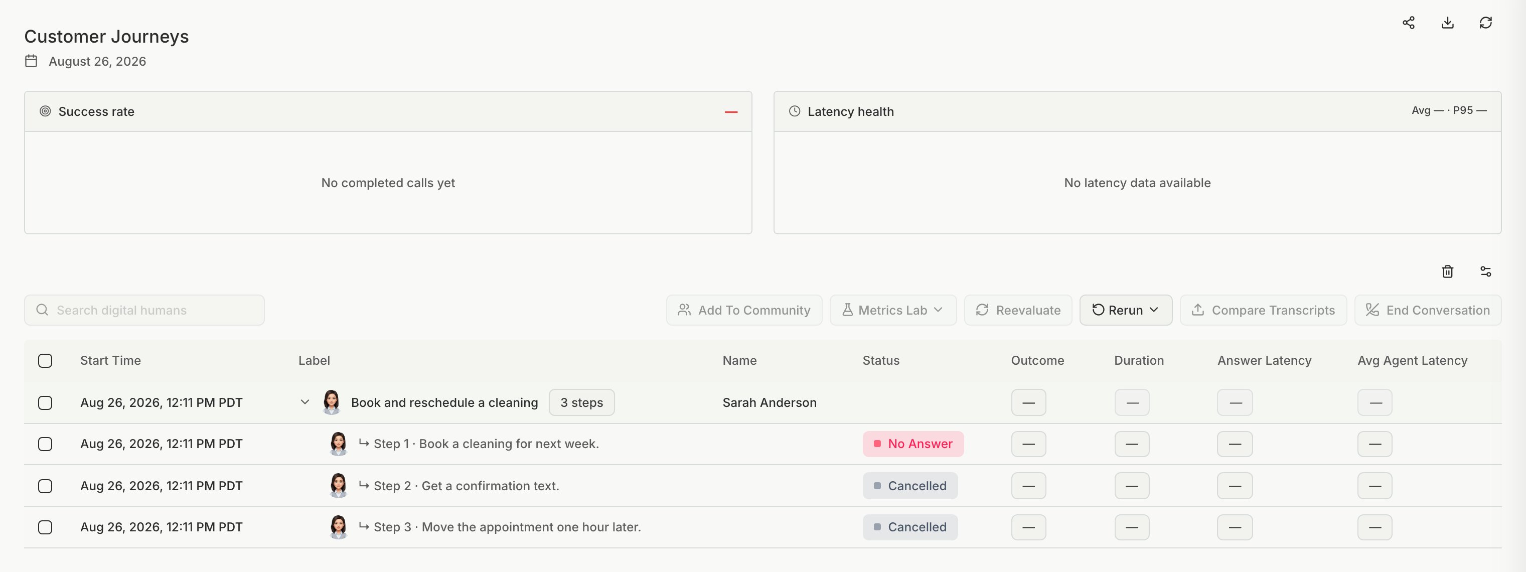 A journey row on the run page that expands into one row per step, each with its own status