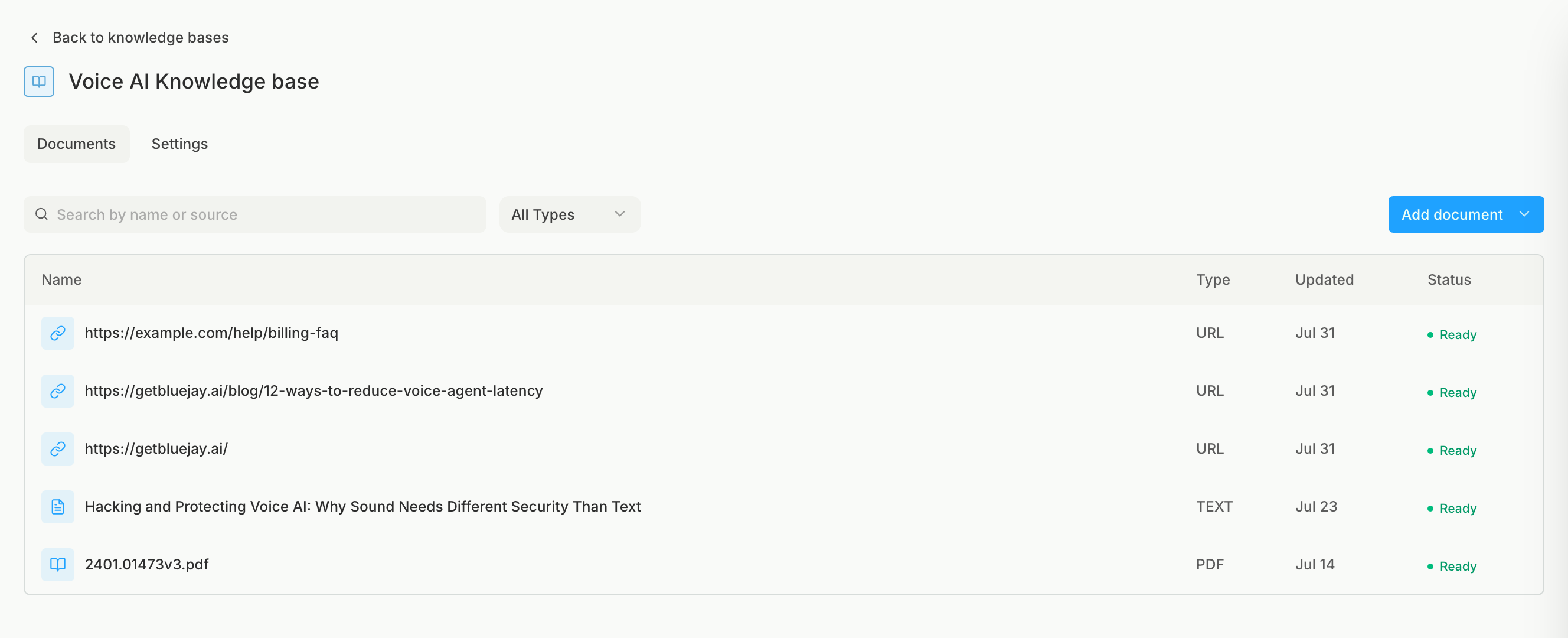 A Knowledge Base with URL, text, and PDF documents, all Ready