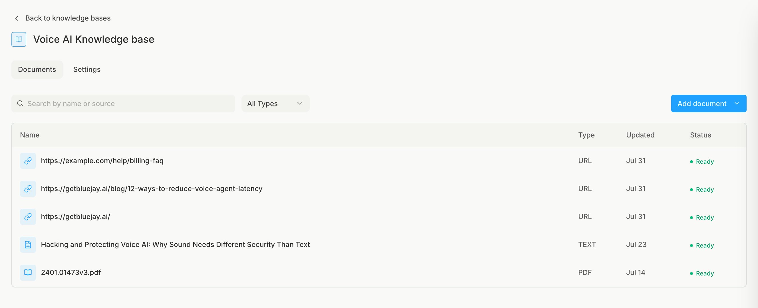 A Knowledge Base with URL, text, and PDF documents, all Ready