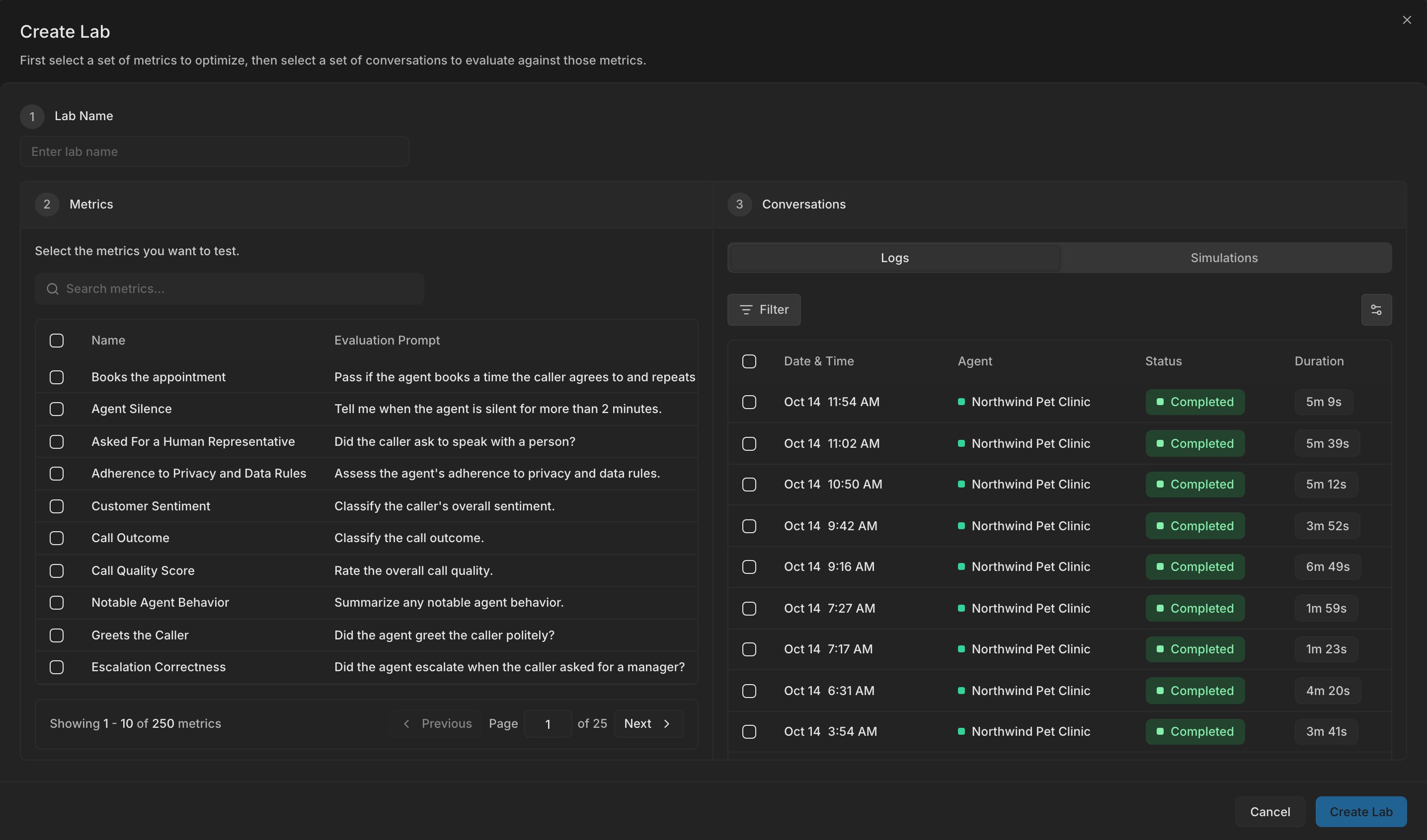 The Create Lab dialog with the name, metrics, and conversations steps