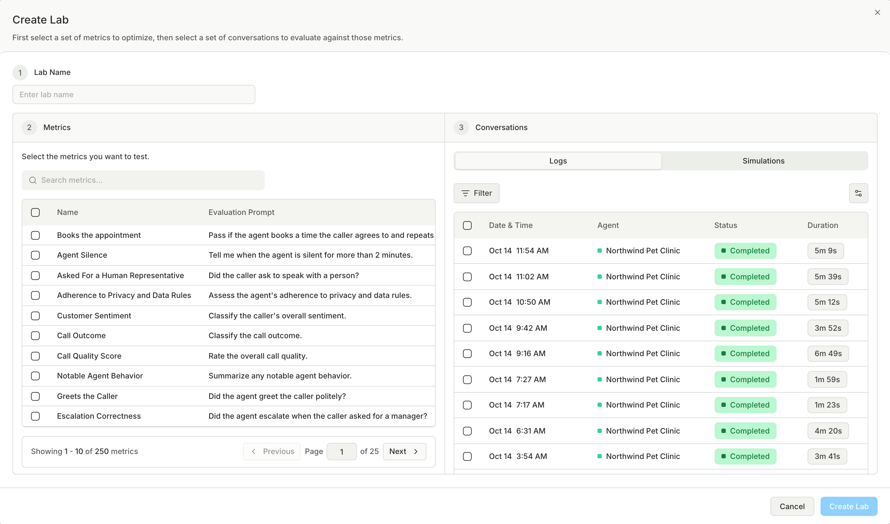 The Create Lab dialog with the name, metrics, and conversations steps