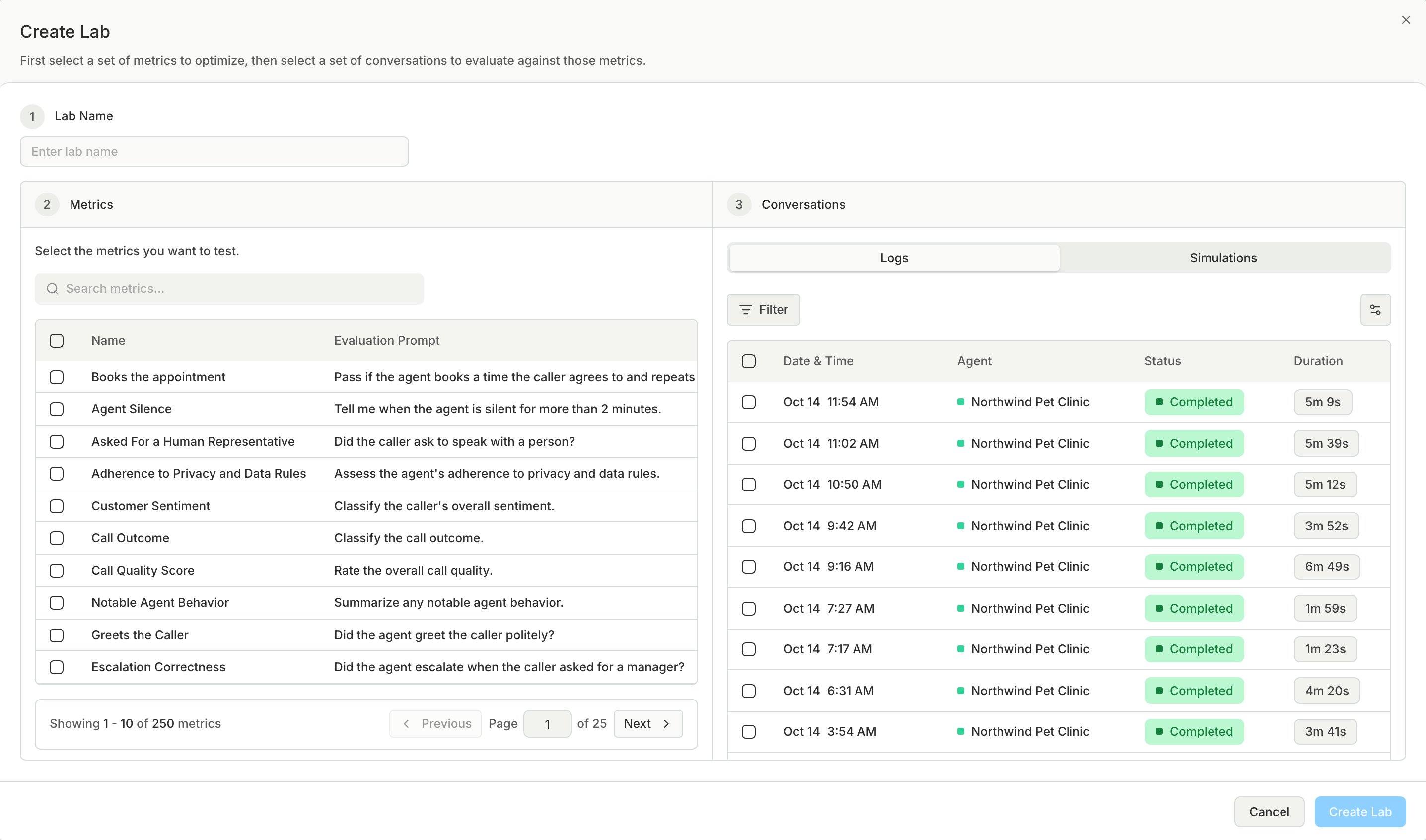 The Create Lab dialog with the name, metrics, and conversations steps