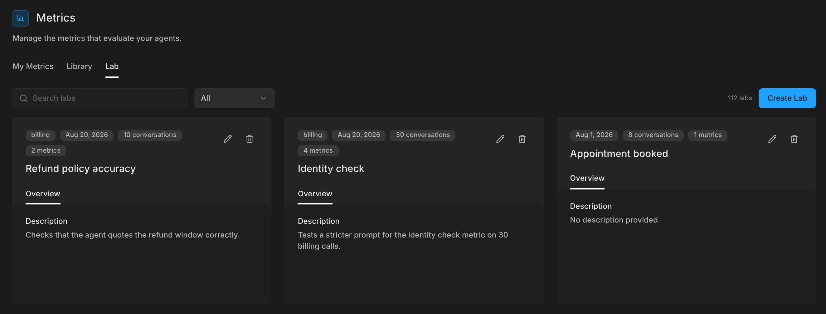 The Lab tab on the Metrics page with lab cards and the Create Lab button