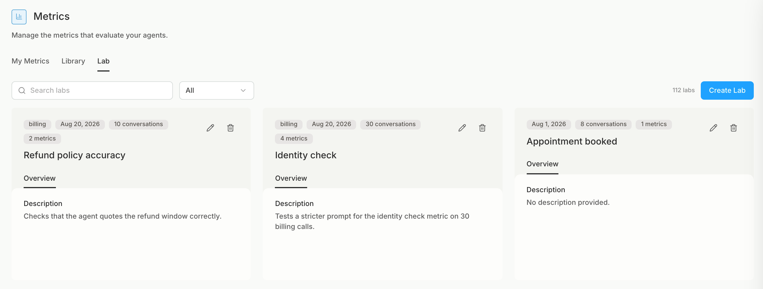 The Lab tab on the Metrics page with lab cards and the Create Lab button