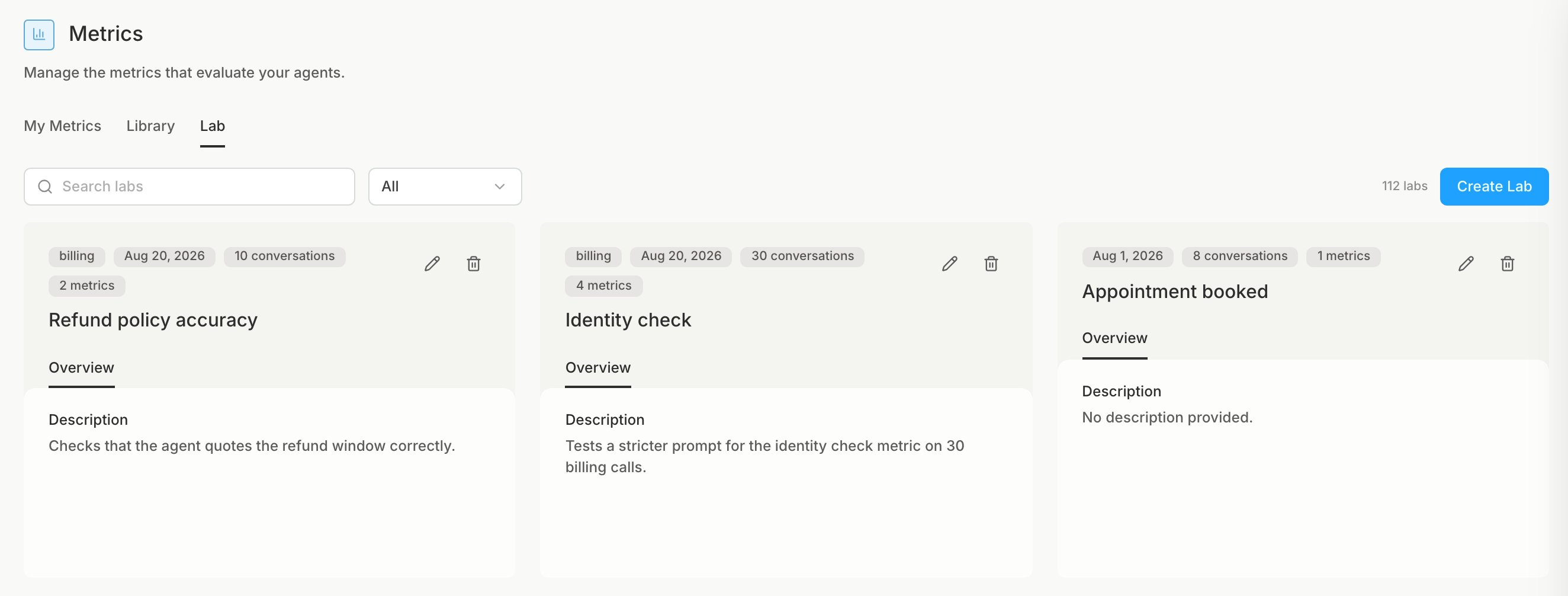 The Lab tab on the Metrics page with lab cards and the Create Lab button
