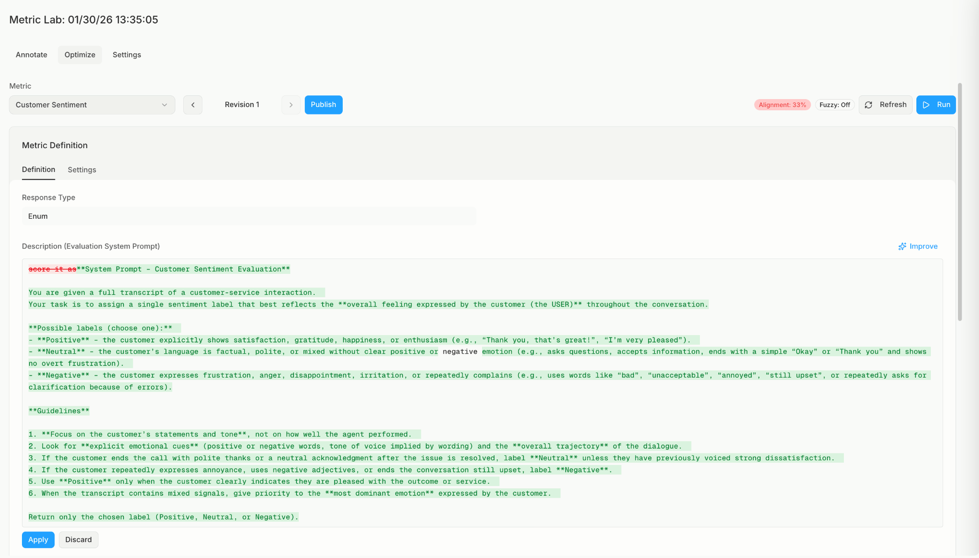 The Optimize tab with an Improve rewrite highlighted in the prompt and the Apply and Discard buttons below it