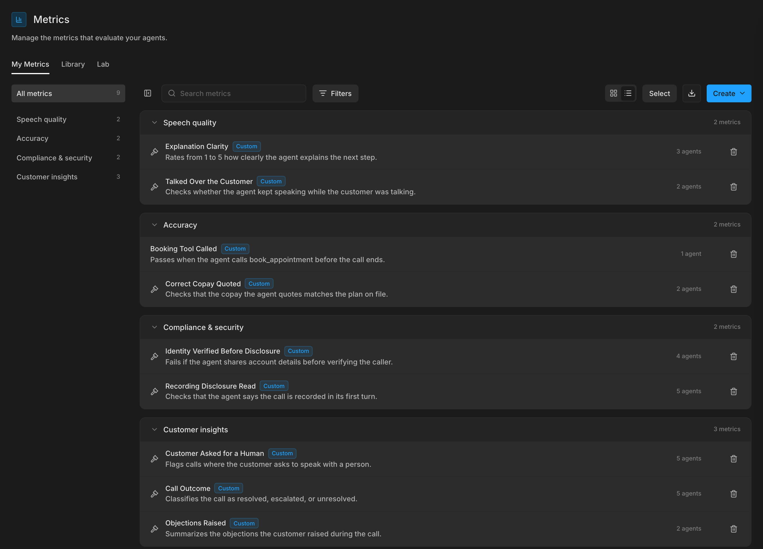 The Metrics page with custom metrics grouped by category, each showing its summary and how many agents it runs on