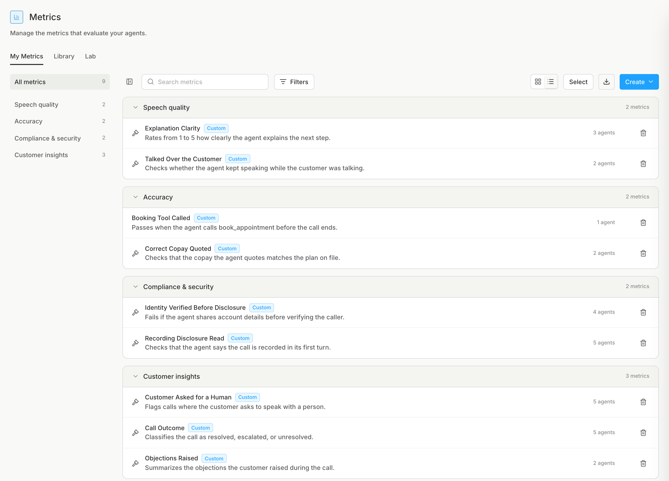 The Metrics page with custom metrics grouped by category, each showing its summary and how many agents it runs on