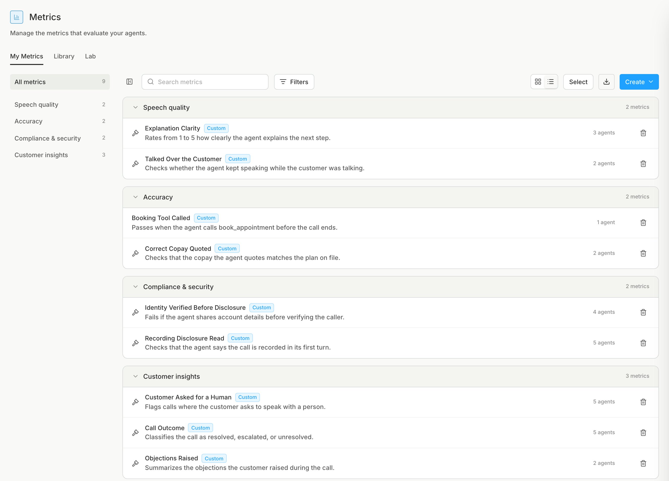The Metrics page with custom metrics grouped by category, each showing its summary and how many agents it runs on