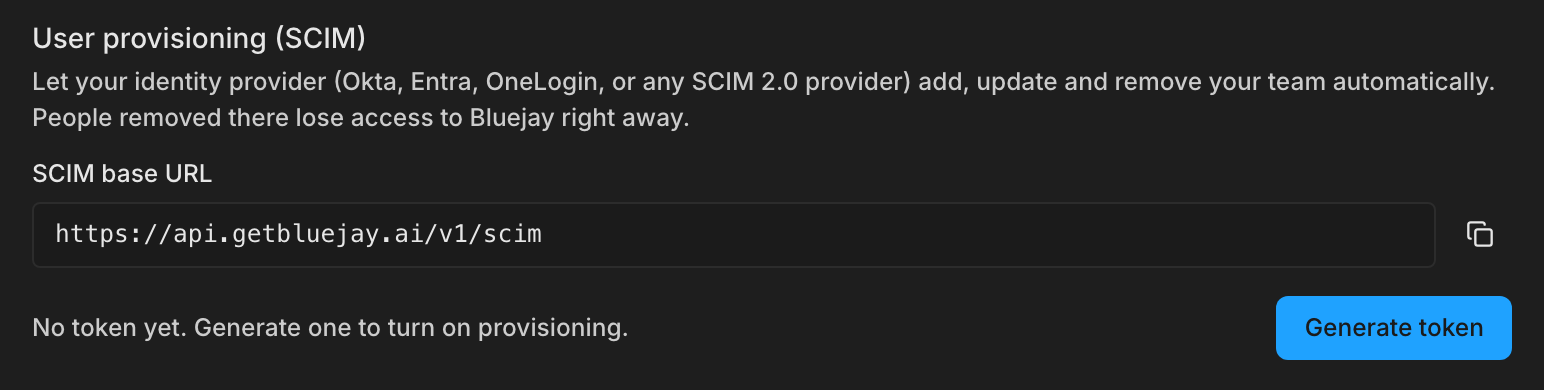 The User provisioning (SCIM) settings showing the SCIM base URL and a Generate token button before any token exists