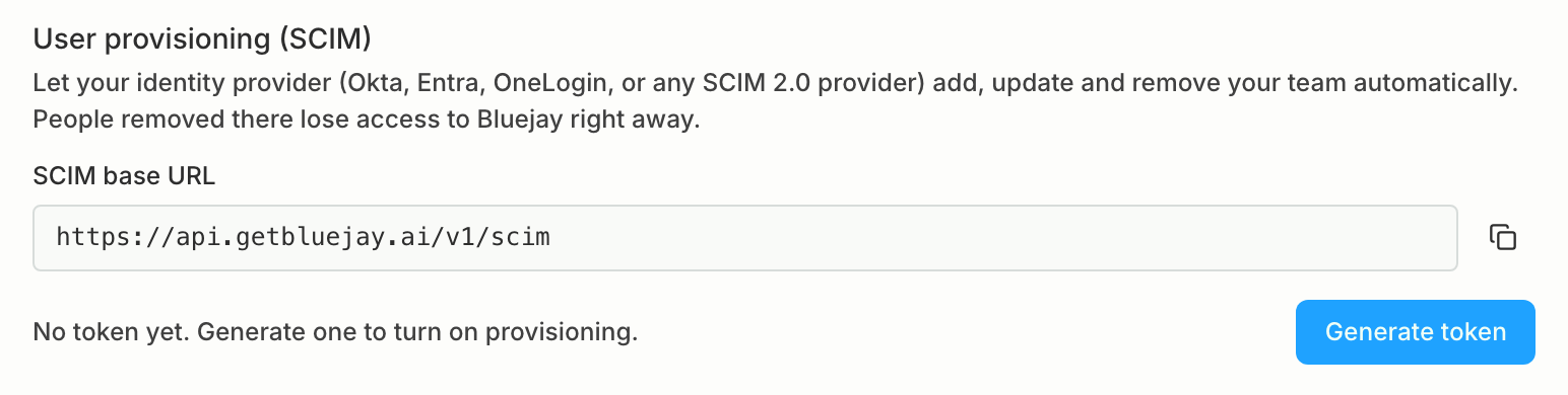 The User provisioning (SCIM) settings showing the SCIM base URL and a Generate token button before any token exists
