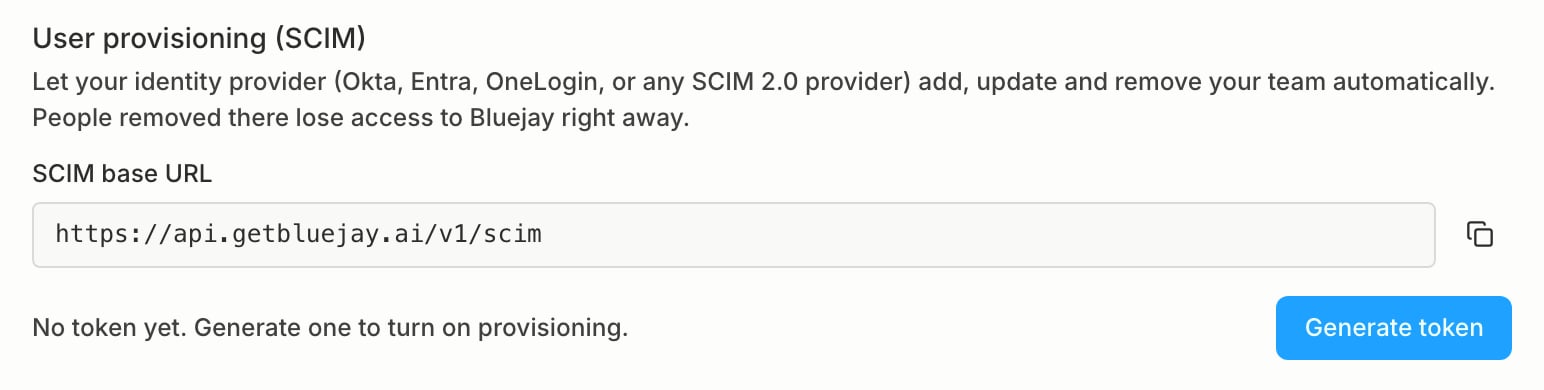 The User provisioning (SCIM) settings showing the SCIM base URL and a Generate token button before any token exists