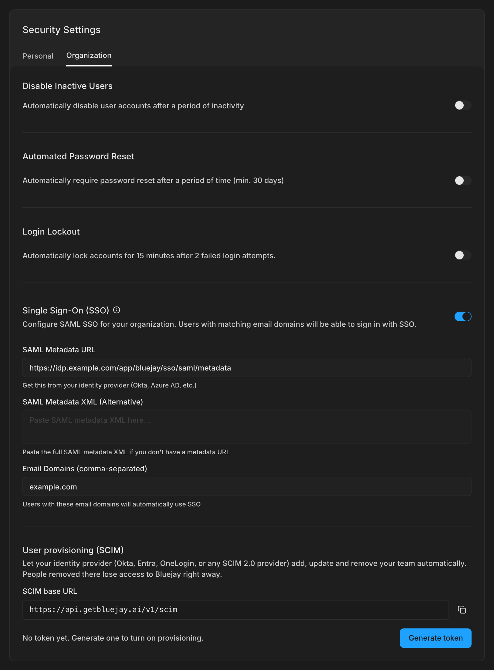 The Organization tab of the Security settings, with SSO turned on and the SCIM section below it