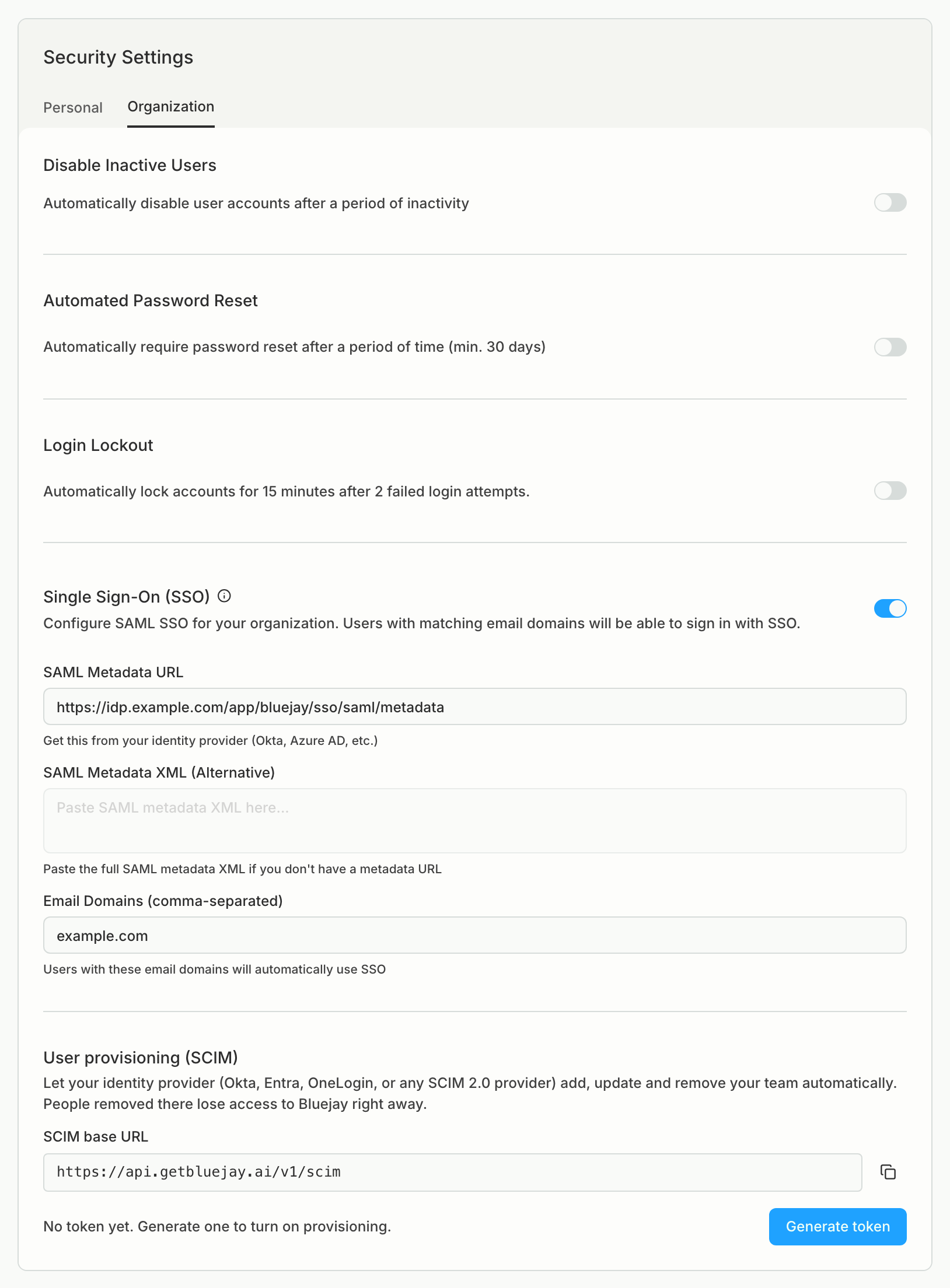 The Organization tab of the Security settings, with SSO turned on and the SCIM section below it