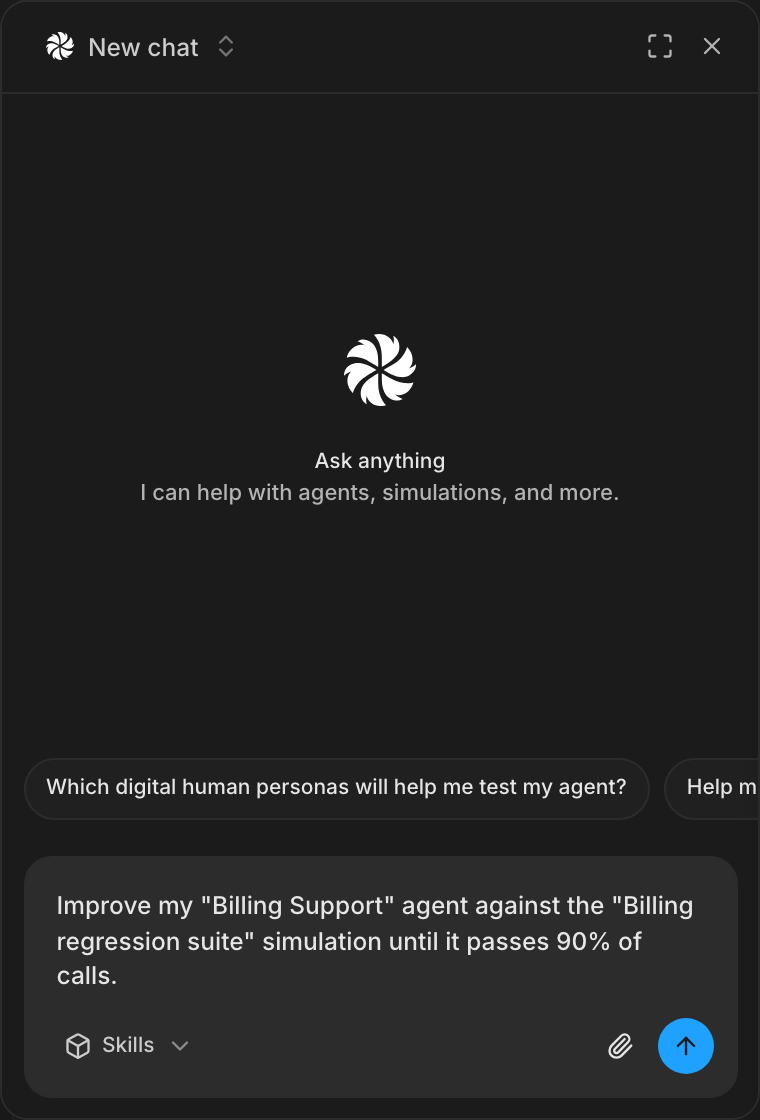 The Bluejay AI chat with a request to improve an agent against a simulation